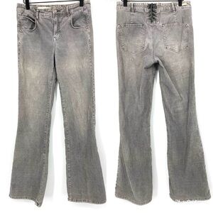 Pilcro and the Letterpress Script Grey Corduroy Flare Pants with Lace-up Detail